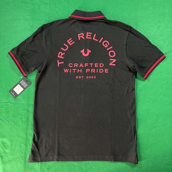 True Religion Polo Shirt Mens Medium Black Red Tipping Crafted With Pride 103071 - Picture 1 of 7